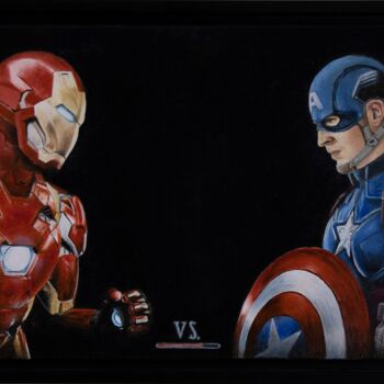 Painting titled "Iron Man vs Captain…" by Marco Santos, Original Artwork, Oil Mounted on Wood Stretcher frame