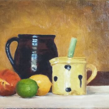 Painting titled "Nature morte aux ci…" by Marc Sellam, Original Artwork, Oil Mounted on Wood Stretcher frame