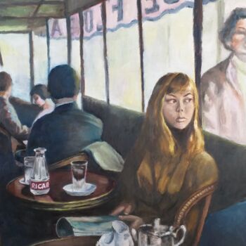 Painting titled "Café à Paris" by Marc Sellam, Original Artwork, Oil Mounted on Wood Stretcher frame
