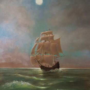 Pintura titulada "okręt w świetle ksi…" por Marek Klaryska, Obra de arte original, Oleo