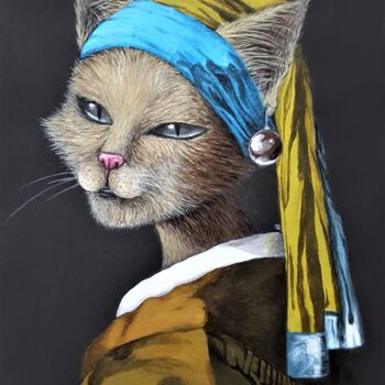 Картина под названием "Cat With A Pearl Ea…" - Maretta Elsalieva, Подлинное произведение искусства, Акрил