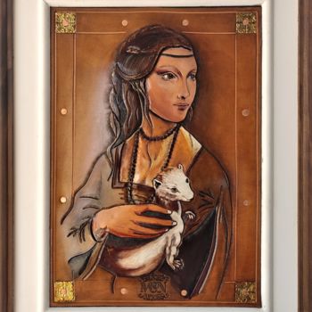 Pintura intitulada "Dame à l'hermine fa…" por Margaery, Obras de arte originais, Couro Montado em Painel de madeira