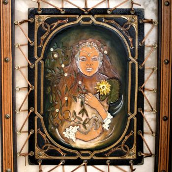 Malarstwo zatytułowany „Ophélie sur cuir- 2…” autorstwa Margaery, Oryginalna praca, Pigmenty Zamontowany na Panel drewniany