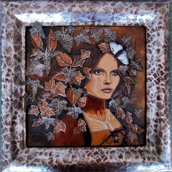 Painting titled "Hedera, portrait en…" by Margaery, Original Artwork, Leather Mounted on Other rigid panel