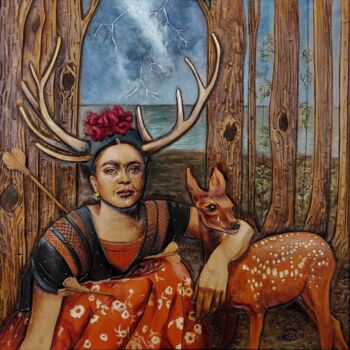 Painting titled "Frida kahlo, portra…" by Margaery, Original Artwork, Pigments Mounted on Wood Panel