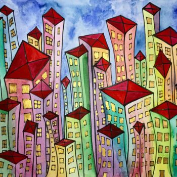 Σχέδιο με τίτλο "Happy City" από Margarita Bonke, Αυθεντικά έργα τέχνης, Ακουαρέλα