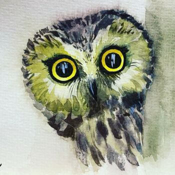 Painting titled "The owl eyes" by Margarita Gladilina, Original Artwork, Watercolor
