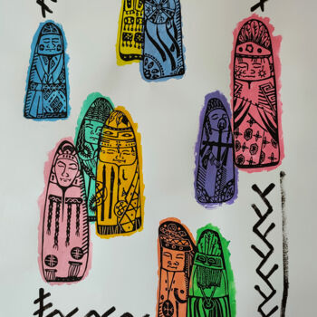 印花与版画 标题为“LINOCUT TUVAN SHAMA…” 由Margarita Suliaeva, 原创艺术品, Linocuts