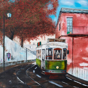 Schilderij getiteld "Lisbonne" door Margarita Vargas, Origineel Kunstwerk, Olie Gemonteerd op Frame voor houten brancard