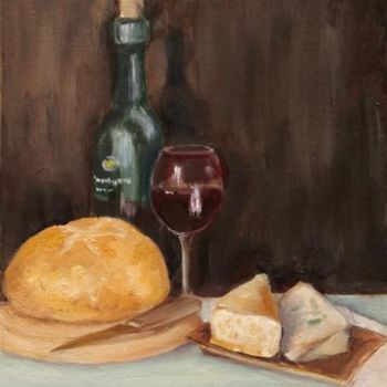 Painting titled "Wine and Cheese" by Marge V. Casey, Original Artwork, Oil