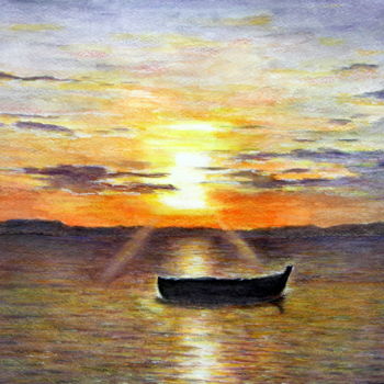 Painting titled "tramonto-con-barca.…" by Margherita Cavassa, Original Artwork, Watercolor