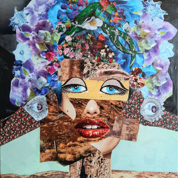 Collages titled "Une déesse, Naïvisme" by Margot G Delhomme, Original Artwork, Collages Mounted on Wood Stretcher frame