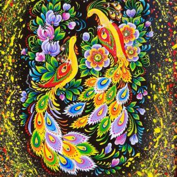 Картина под названием "Oiseaux de Feu: tal…" - Marguerite Maliuga, Подлинное произведение искусства, Акрил Установлен на Дер…