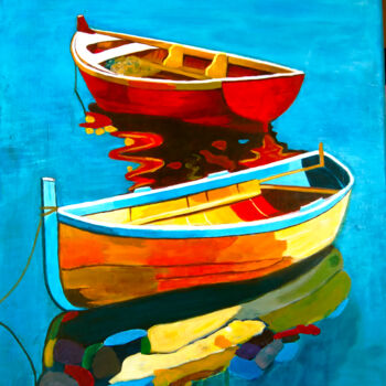 Painting titled "Aegean Boats" by Mari Iliadi Iliaktida, Original Artwork, Oil Mounted on Wood Stretcher frame