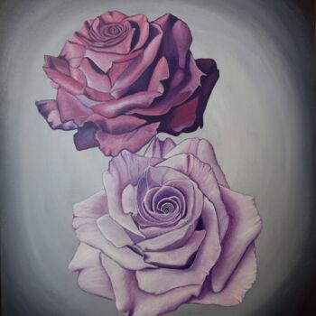 Painting titled "Dos rosas" by Maria Angeles Batanero Franco, Original Artwork, Oil Mounted on Wood Stretcher frame