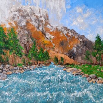 Painting titled "Mountain river" by Maria Barchan, Original Artwork, Acrylic Mounted on Wood Stretcher frame
