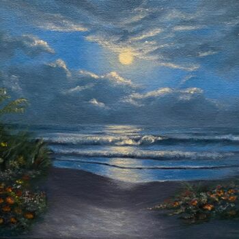 Painting titled "The sea under the m…" by Maria Bobrovskaya, Original Artwork, Oil