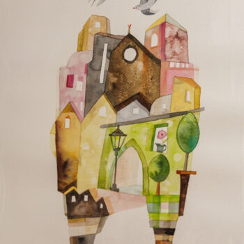 Painting titled "Love Birds Antibes" by Maria C. Bernhardsson, Original Artwork, Watercolor Mounted on Cardboard