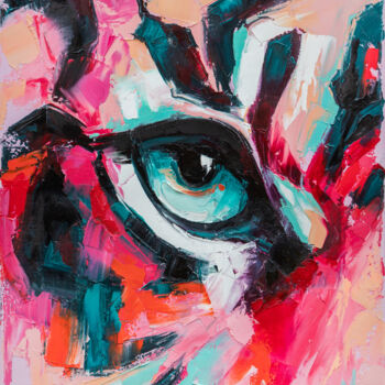 Painting titled ""Pink tiger eye"" by Mari Dein, Original Artwork, Oil Mounted on Wood Stretcher frame