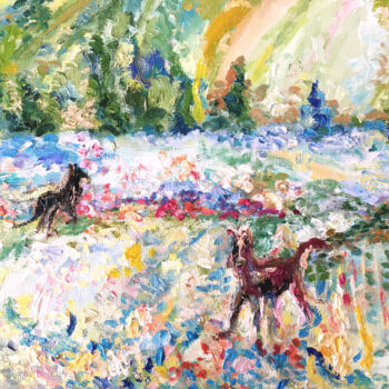 Pintura intitulada "Horse landscape pai…" por Maria Delendik, Obras de arte originais, Óleo