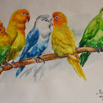 Drawing titled "Попугаи неразлучники" by Mariia Filippova, Original Artwork, Watercolor