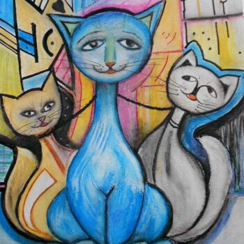 Peinture intitulée "Katzen-Familie" par Maria Földy, Œuvre d'art originale, Huile