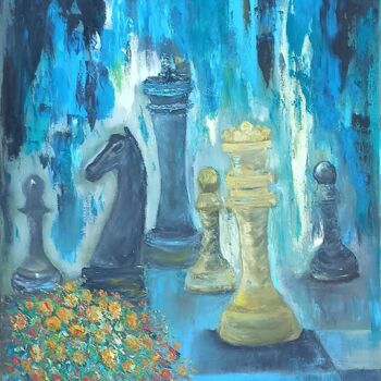 Painting titled "Chess play" by Maria Galan, Original Artwork, Oil Mounted on Wood Stretcher frame