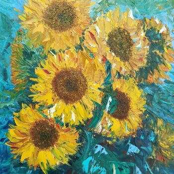 Painting titled "Sunflowers" by Maria Galan, Original Artwork, Oil Mounted on Wood Stretcher frame
