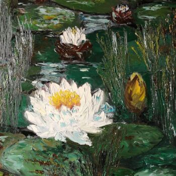 Pintura intitulada "White water lily" por Maria Galan, Obras de arte originais, Óleo Montado em Armação em madeira