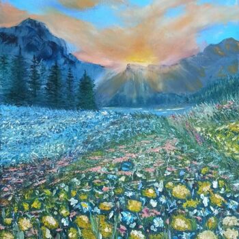 Painting titled "Mountain sunrise" by Maria Galan, Original Artwork, Oil Mounted on Wood Stretcher frame