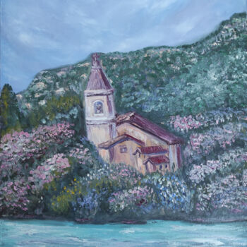 Painting titled "The little church" by Maria Galan, Original Artwork, Oil Mounted on Wood Stretcher frame