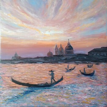 Painting titled "Venice sunset" by Maria Galan, Original Artwork, Oil Mounted on Wood Stretcher frame