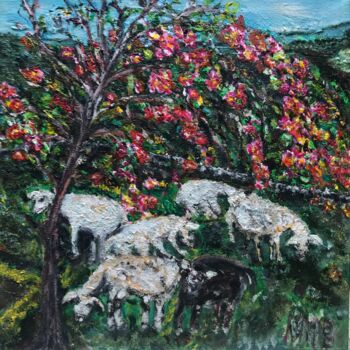 Painting titled "Les moutons" by Maria Helena Benier - De Macedo, Original Artwork, Oil Mounted on Wood Stretcher frame