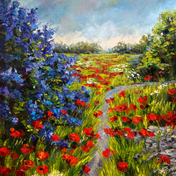 Painting titled "Poppies and lilac t…" by Maria Hyhar, Original Artwork, Oil Mounted on Wood Stretcher frame