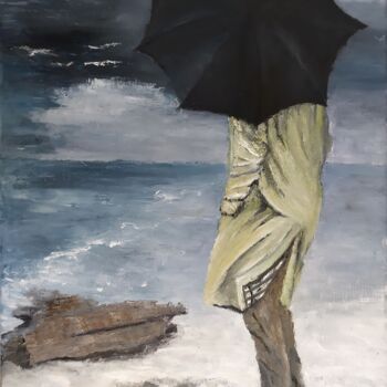 Painting titled "A lonely man and th…" by Maria Karalyos, Original Artwork, Oil Mounted on Wood Stretcher frame