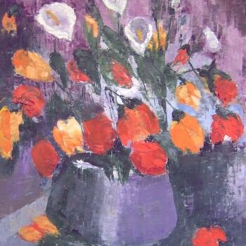 Painting titled "Red flowers pot" by Maria Karalyos, Original Artwork, Oil