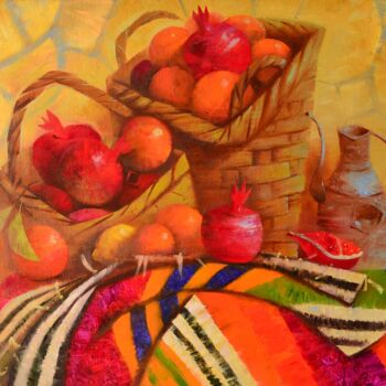 Malarstwo zatytułowany „Pomegranates” autorstwa Maria Kniazeva, Oryginalna praca, Olej Zamontowany na Drewniana rama noszy