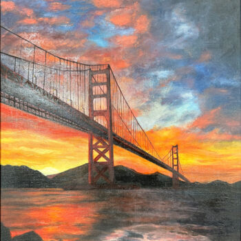 Painting titled "Golden Gate Bridge" by Maria Korshunova, Original Artwork, Oil Mounted on Wood Stretcher frame