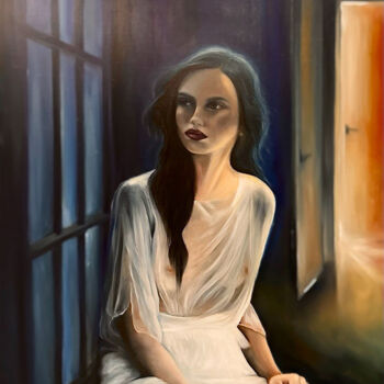 Painting titled "Girl at the window" by Maria Kuznetsova, Original Artwork, Oil