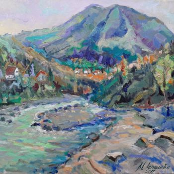 Картина под названием "Горная река" - Mariia Lemeshova, Подлинное произведение искусства, Масло Установлен на Деревянная рам…