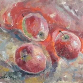 Peinture intitulée "Яблоки на красном" par Mariia Lemeshova, Œuvre d'art originale, Huile