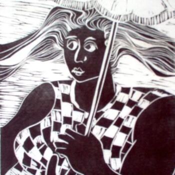 Impressões e gravuras intitulada "Mulher com sombrinha" por Maria Lucia Pacheco, Obras de arte originais, Linoleogravura