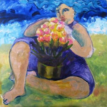 Pintura intitulada "Na praia, com flore…" por Maria Lucia Pacheco, Obras de arte originais, Óleo