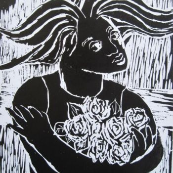 Gravures & estampes intitulée "Menina com rosas" par Maria Lucia Pacheco, Œuvre d'art originale, Xylographie