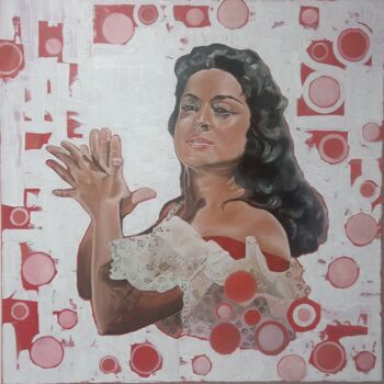 Painting titled "Lola Flores" by María Mateo, Original Artwork, Oil Mounted on Wood Stretcher frame