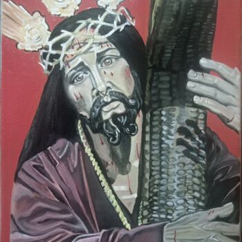 Schilderij getiteld "Jesús Nazareno" door María Mateo, Origineel Kunstwerk, Olie Gemonteerd op Frame voor houten brancard