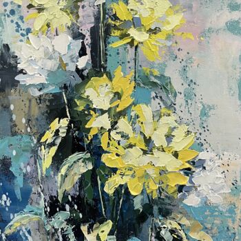 Peinture intitulée "yellow chrysanthemum" par Maria Miller, Œuvre d'art originale, Huile Monté sur Châssis en bois