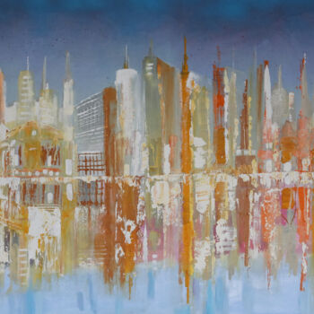 Painting titled "Blue sky city" by Maria Moretti, Original Artwork, Oil Mounted on Wood Stretcher frame