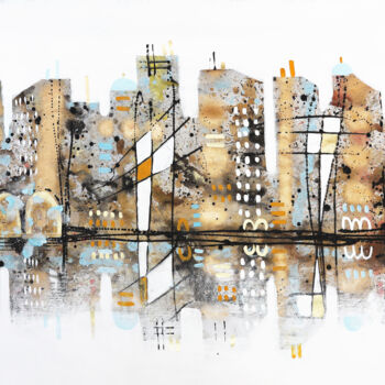 Painting titled "Golden City" by Maria Moretti, Original Artwork, Oil Mounted on Wood Stretcher frame