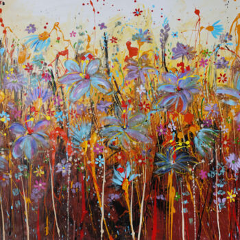 Painting titled "Fleurs colorées" by Maria Moretti, Original Artwork, Oil Mounted on Wood Stretcher frame